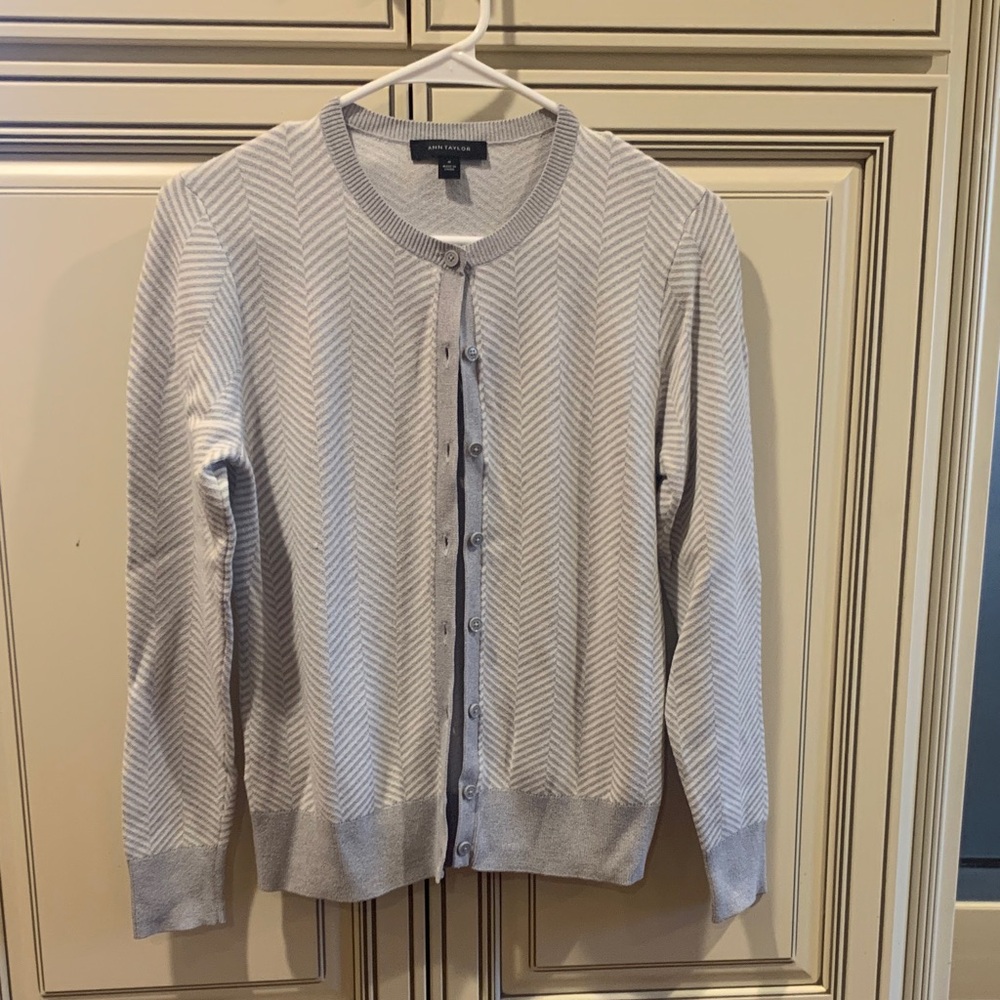 Ann Taylor Light Gray Harringbone Cardigan Sweater